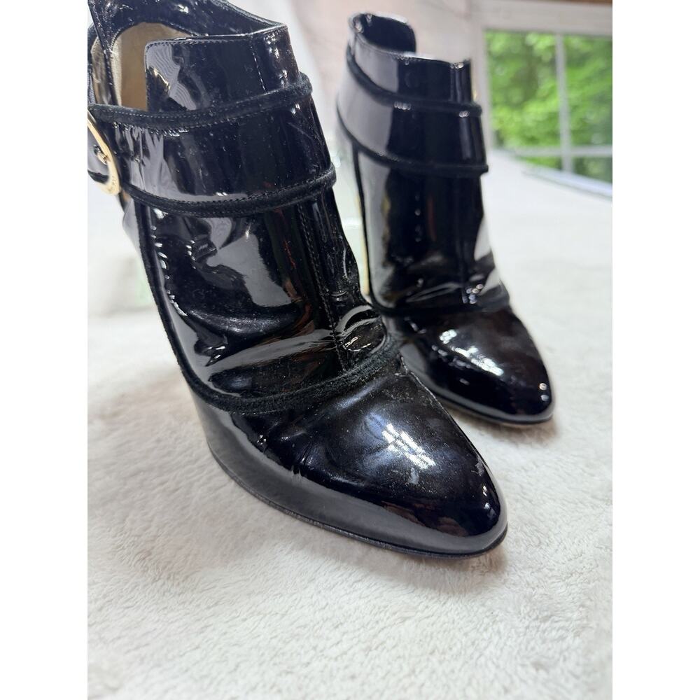 Jimmy Choo Ankle Boots 37 Black Patent Leather Cutout Gold Buckle Stiletto Italy - Picture 2 of 13